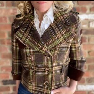 Juicy Couture Womens Sz 4 Plaid Wool Brown Belted Cropped Double Breasted Jacket